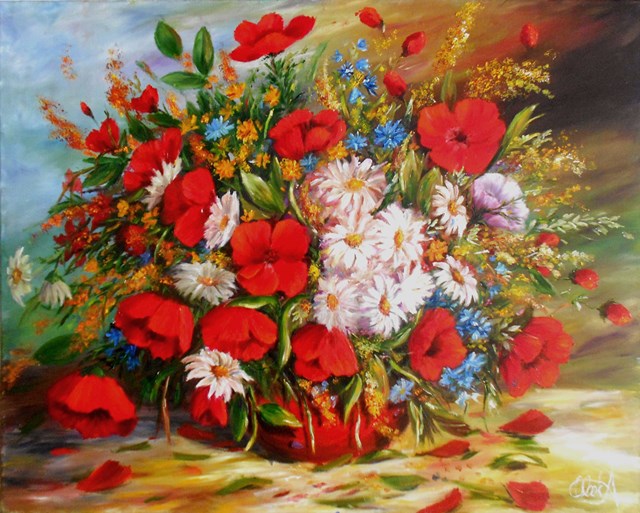 Living room painting by Bożena Olak titled Poppies and Daisies