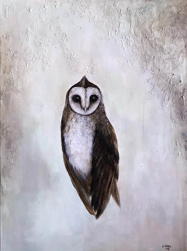 Living room painting by Klaudia Choma titled Barn Owl II
