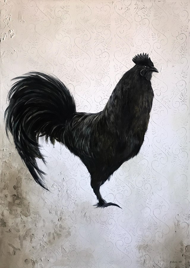 Living room painting by Klaudia Choma titled Black Rooster