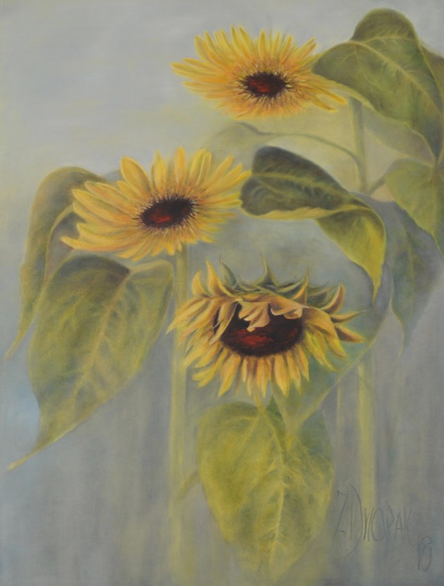 Living room painting by Zofia Dworak titled Dont worry: Sunflowers