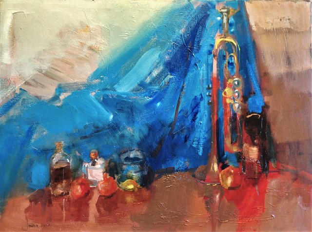 Living room painting by Michał Smółka titled Still life Trumpet