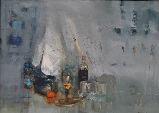Living room painting by Michał Smółka titled Still life Gray I