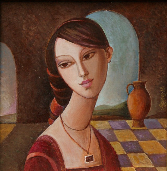 Living room painting by Agnieszka Korczak-Ostrowska titled Girl with jug