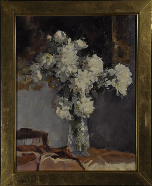 Living room painting by Janusz Szpyt titled Peonies