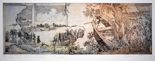 Grafika do salonu artysty Krzysztof Wieczorek pod tytułem Pejzaż horyzontalny z jeziorem