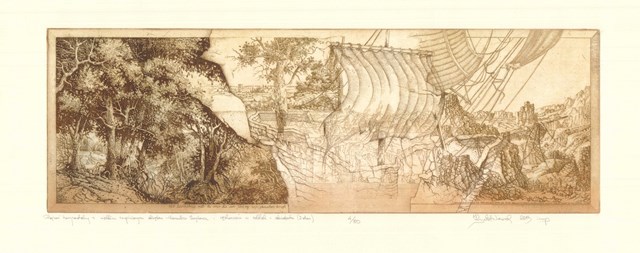Grafika do salonu artysty Krzysztof Wieczorek pod tytułem Pejzaż horyzontalny z wielkim zaginionym okrętem