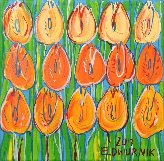 Living room painting by Edward Dwurnik titled Orange tulips