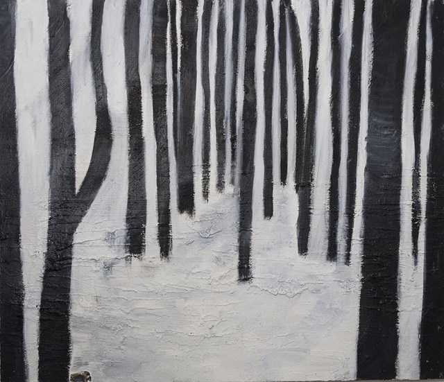 Obraz do salonu artysty Piotr Szwabe vel Pisz pod tytułem Tymczasem w lesie 