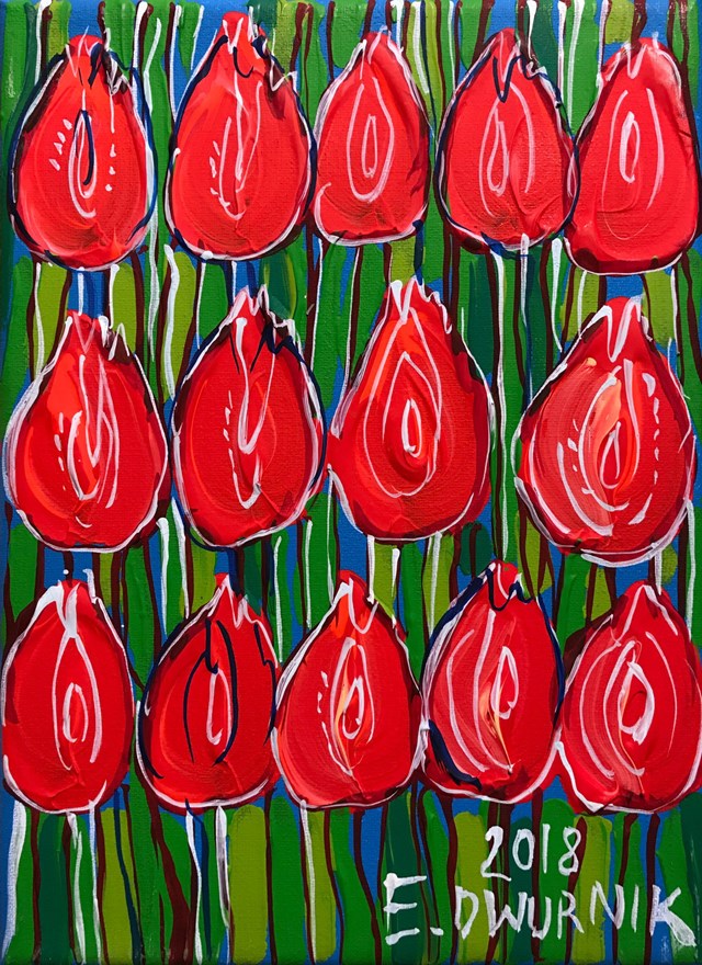 Living room painting by Edward Dwurnik titled Red tulips 7402