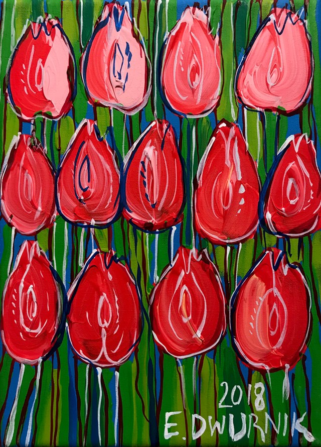 Living room painting by Edward Dwurnik titled Red tulips 7403