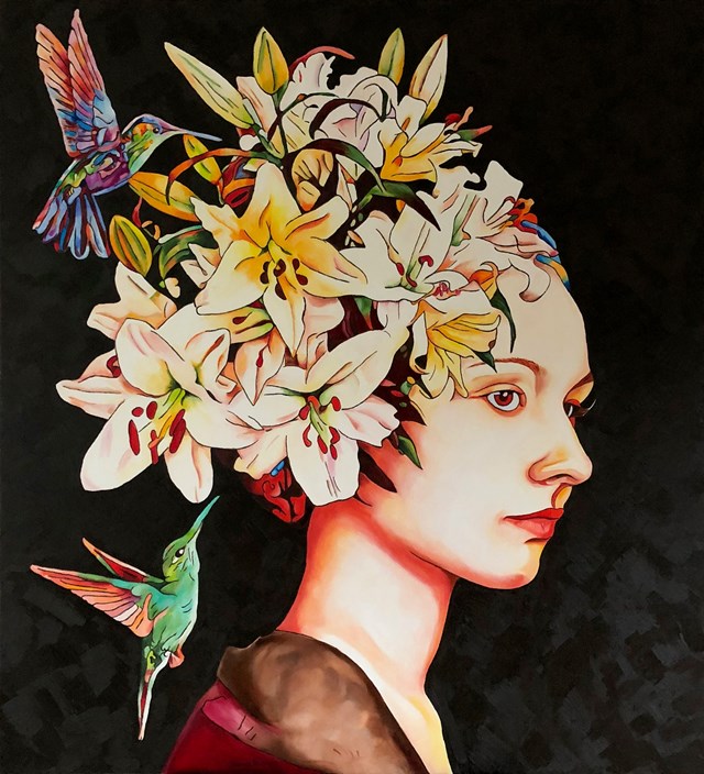 Obraz do salonu artysty Joanna Szumska pod tytułem Dziewczyna z kolibrami