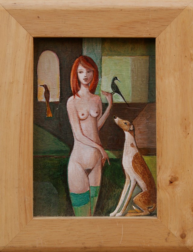 Living room painting by Agnieszka Korczak-Ostrowska titled Girl with greyhound 
