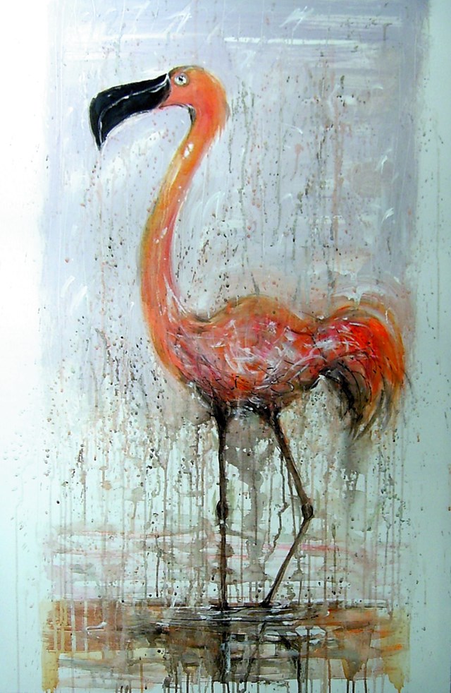 Living room painting by Dariusz Grajek titled Flamingo