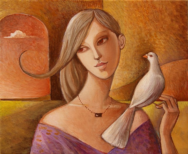 Living room painting by Agnieszka Korczak-Ostrowska titled Girl and pigeon