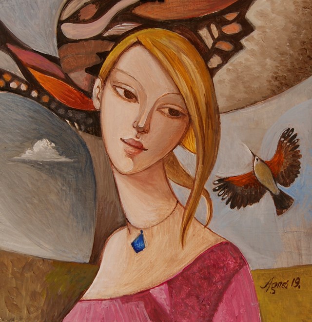 Living room painting by Agnieszka Korczak-Ostrowska titled Girl with bird