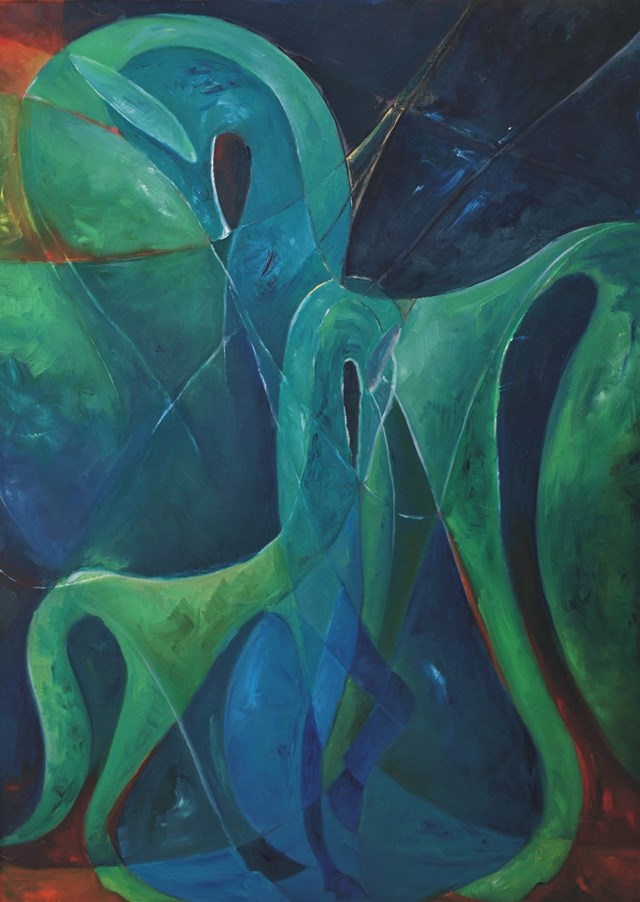 Living room painting by J. Aurelia Sikiewicz-Wojtaszek titled Geometrical horses