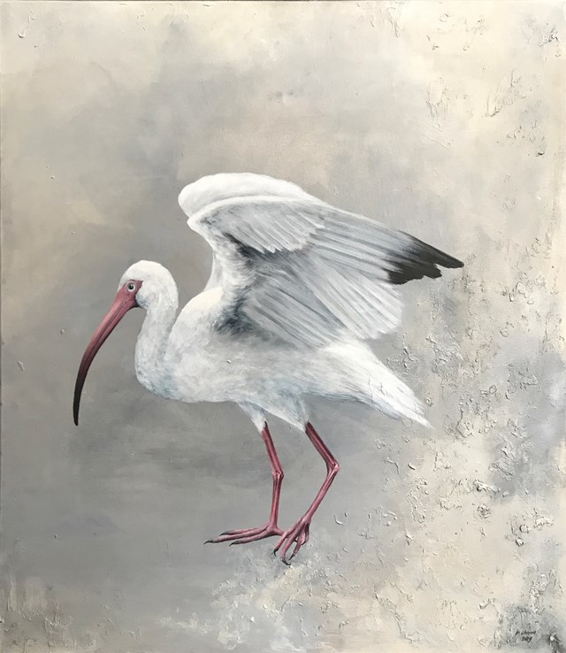 Living room painting by Klaudia Choma titled White Ibis