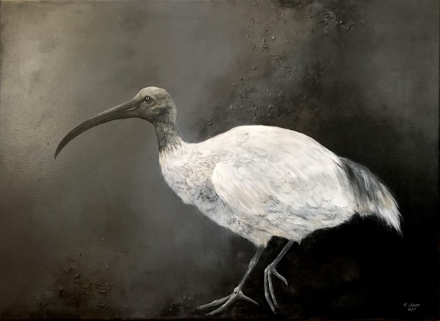 Living room painting by Klaudia Choma titled Australian white ibis