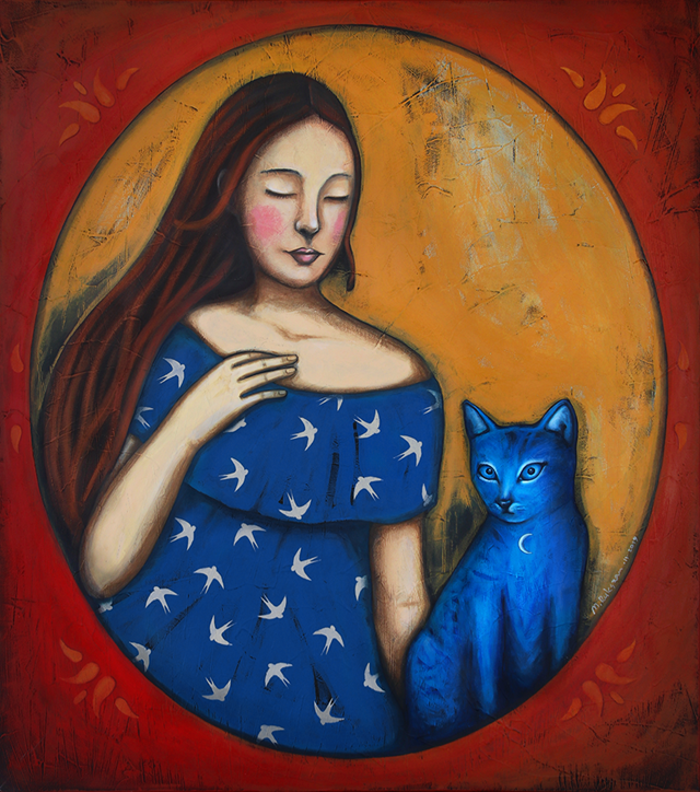 Living room painting by Małgorzata Rukszan titled Girl with blue cat