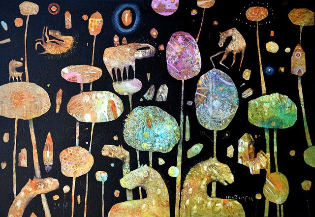 Obraz do salonu artysty Grzegorz Skrzypek pod tytułem Gravitostworki i kosmiczne drzewa 