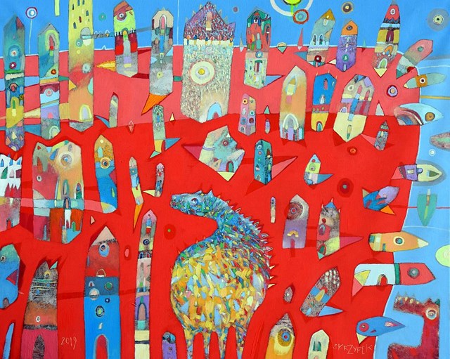 Obraz do salonu artysty Grzegorz Skrzypek pod tytułem Miejskie empanadas z kanarkowym słońcem