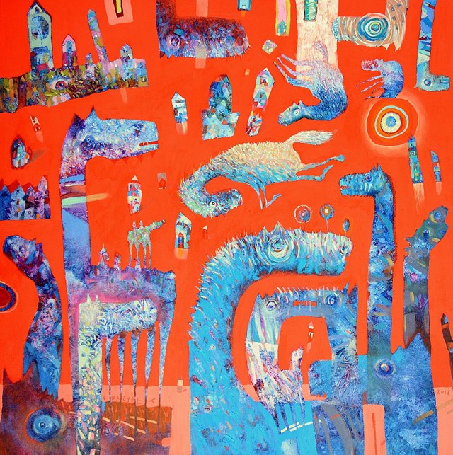 Obraz do salonu artysty Grzegorz Skrzypek pod tytułem Rakietodomki i błękitne gravitostworki 