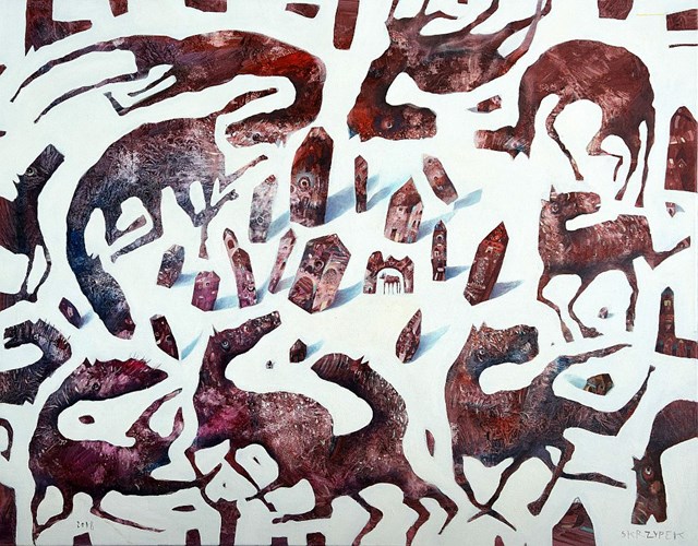 Obraz do salonu artysty Grzegorz Skrzypek pod tytułem Zimowy taniec gravitodomki i obrażony koniostworek 