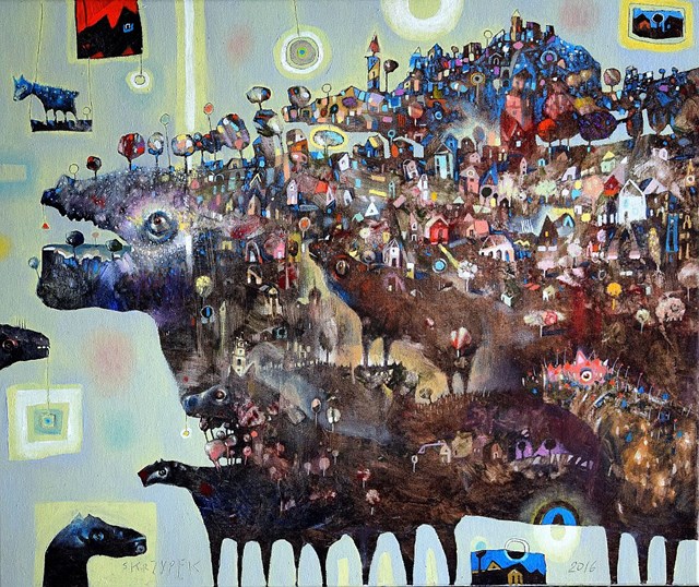 Obraz do salonu artysty Grzegorz Skrzypek pod tytułem Szyszka, fragolino  i huśtawka nastrojów