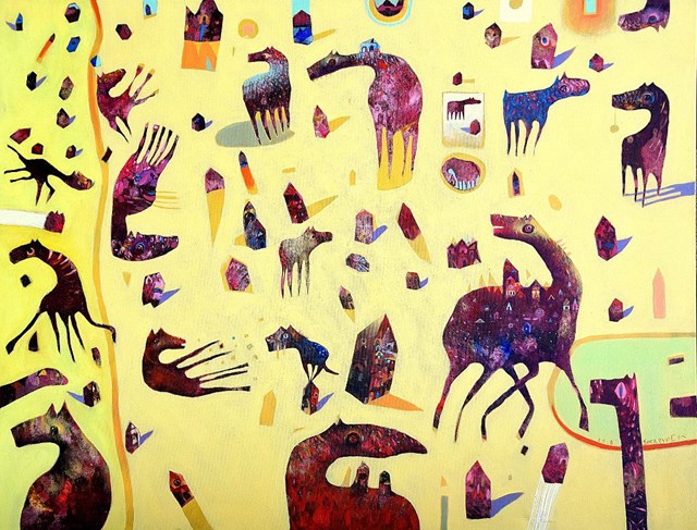 Obraz do salonu artysty Grzegorz Skrzypek pod tytułem Gravitostworki z pistacjową zatoczką