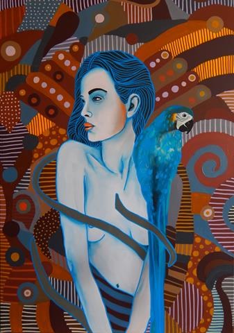 Living room painting by Marcin Painta titled She and parrot 6