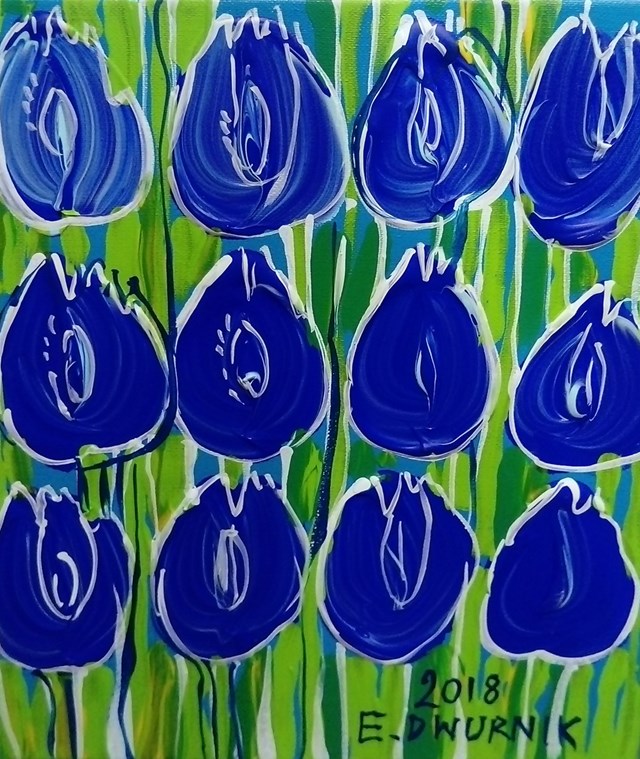 Living room painting by Edward Dwurnik titled Blue Tulips
