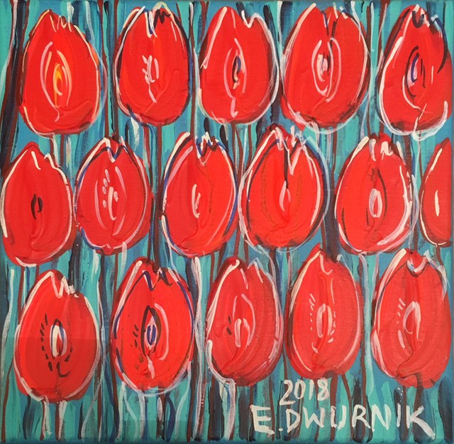 Living room painting by Edward Dwurnik titled Red tulips I