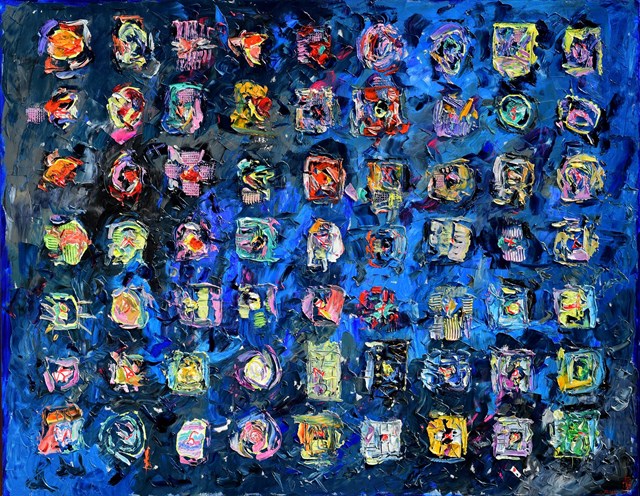 Obraz do salonu artysty Krzysztof Pająk pod tytułem Znaki na niebieskim tle
