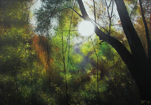 Obraz do salonu artysty Konrad Hamada pod tytułem Zachód słońca w lesie