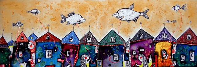 Living room painting by Natalia Pastuszenko titled Fish City