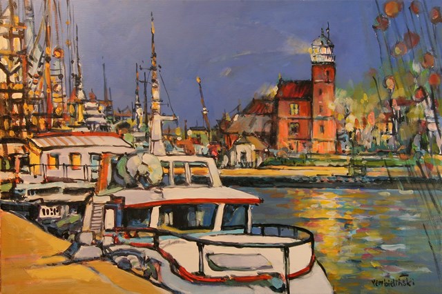 Obraz do salonu artysty Piotr Rembieliński pod tytułem Port rybacki nad Bałtykiem