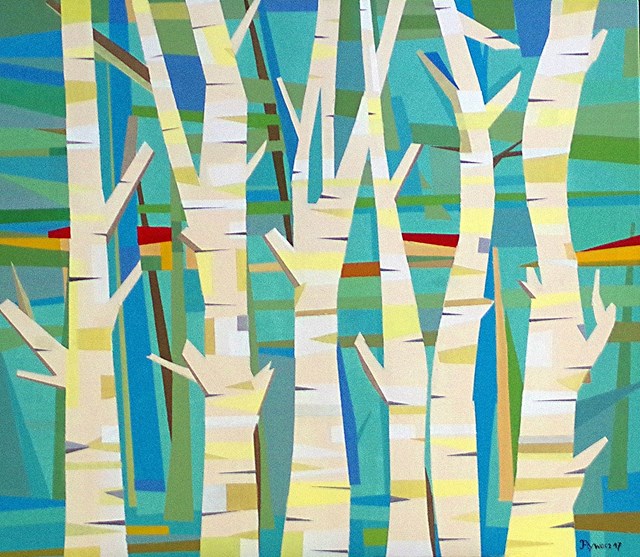 Living room painting by Jan Pływacz titled Birch-trees