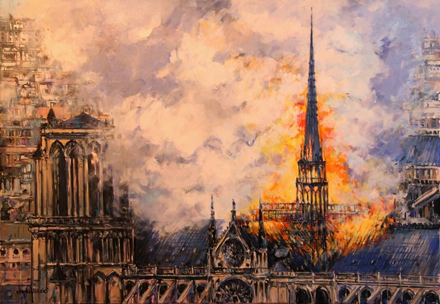 Obraz do salonu artysty Piotr Rembieliński pod tytułem Pożar katedry Notre Dame
