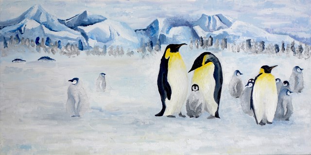 Living room painting by Joanna Wróblewska titled Penguins