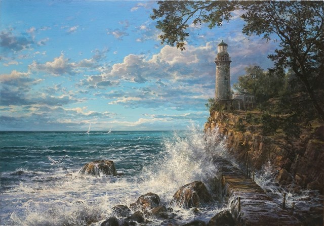 Living room painting by Wiktor Juszkiewicz titled Lighthouse