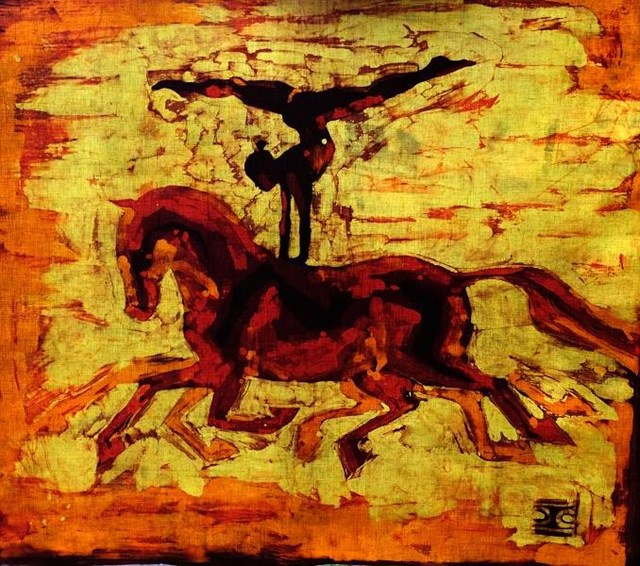 Living room painting by Joanna Czubak titled Equestrian vaulting
