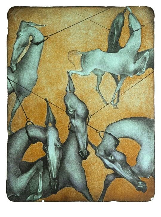 Living room print by Anna Starowoitowa titled Walk, blue horses