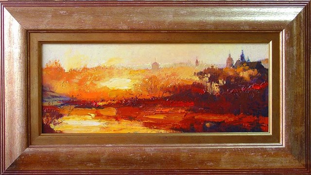 Living room painting by Wacław Jagielski titled Autumn impressions with Dunajec River