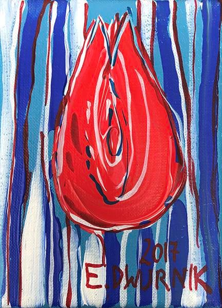Living room painting by Edward Dwurnik titled Red Tulip