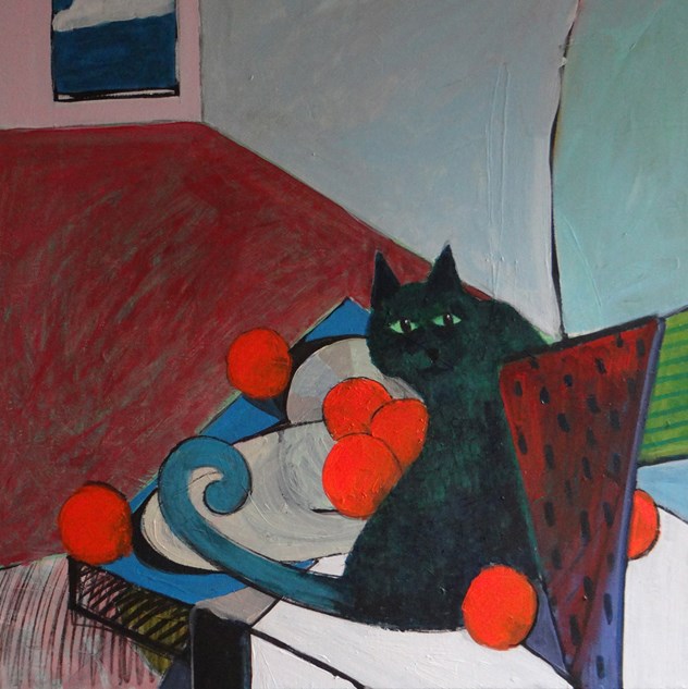 Living room painting by Tomasz Kuran titled Suprised Cat and Oranges