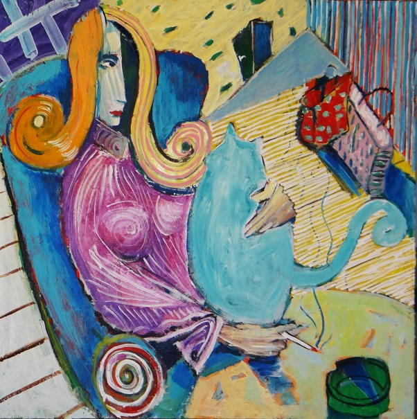 Living room painting by Tomasz Kuran titled Blue Cat, Cigarette and Groceries