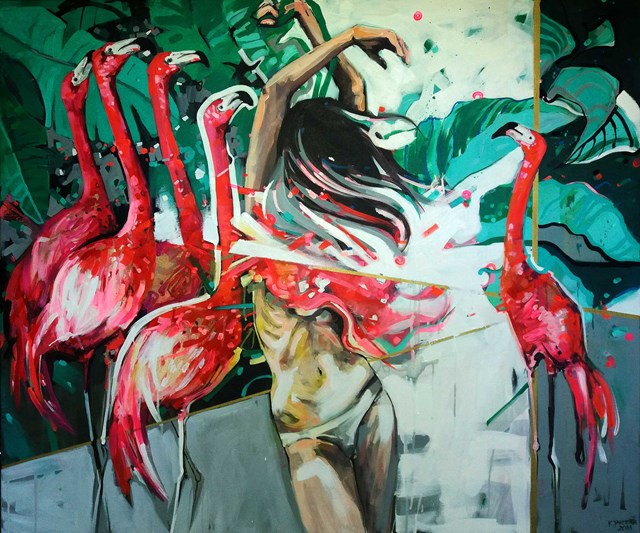Living room painting by Kamila Jarecka titled Flamingos Lake