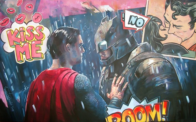 Living room painting by Janusz Orzechowski titled When Batman  meets Superman