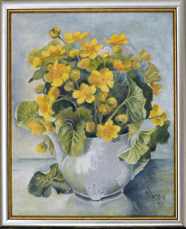 Living room painting by Zofia Dworak titled Marigolds in the teapot