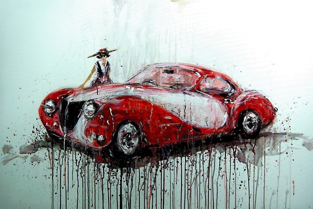 Living room painting by Dariusz Grajek titled Girl and the car